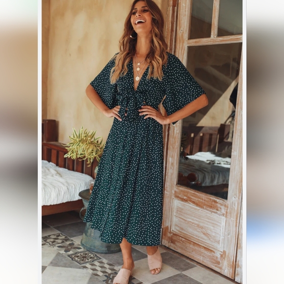 Hello Molly Stuck In Your Ways Midi Dress Green White Polka Dot Cutout Tie Front - Picture 1 of 10
